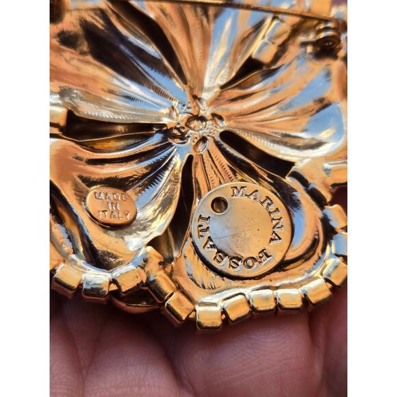 Gold Tone & Swarovski Crystal Marina Fossati Flower Brooch Made in Italy - Picture 6 of 7
